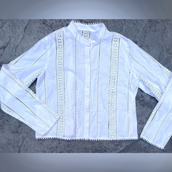 White Eyelet Long Sleeve Top button down blouse - Picture 4 of 8
